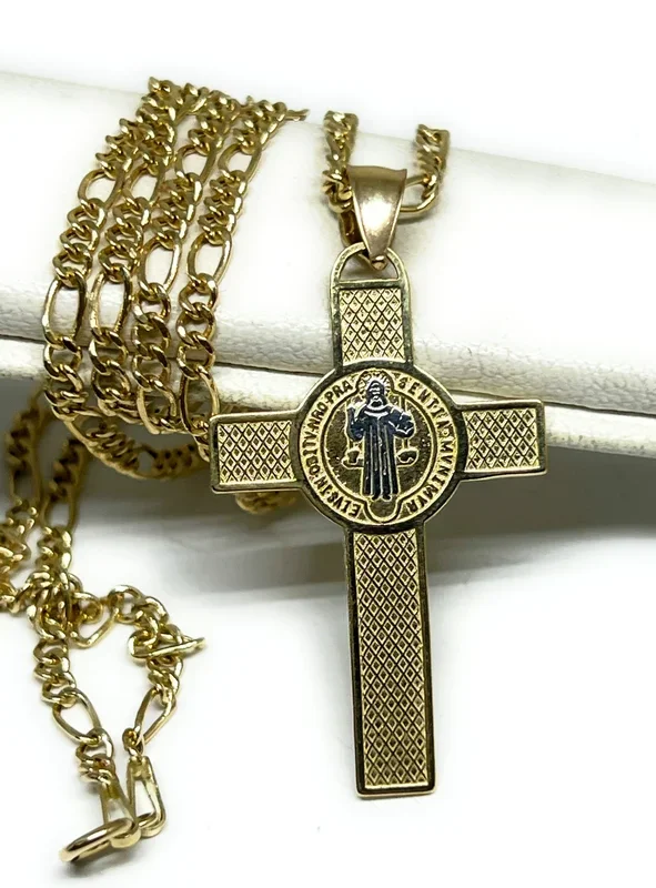 14k Solid Gold 2-Tone Sann Bennito Cross Pendant Necklace