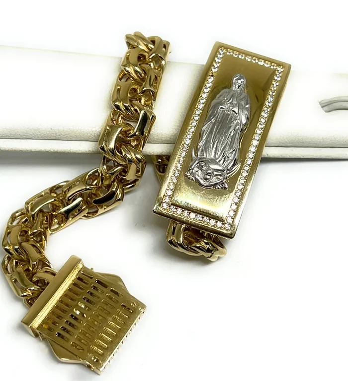 14k Solid Gold 2-Tone VIRRGIN MARY VIRRGEN GAUDALUPE CZ CHINO LINK Brracelet 8.5 inch 12mm Width (41.4g)