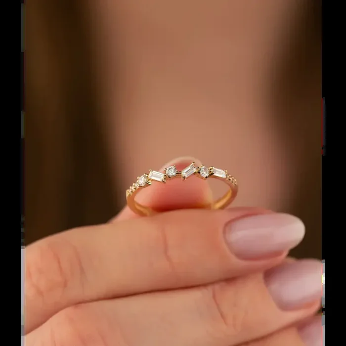 14K Solid Gold Baguette and Round CZ Halfway CrissCross Band