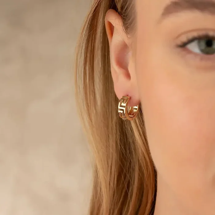 14K Solid Gold Byzantine Greek Key Huggie Hoop Earrings | Wide Meander Pattern Hoops for Women