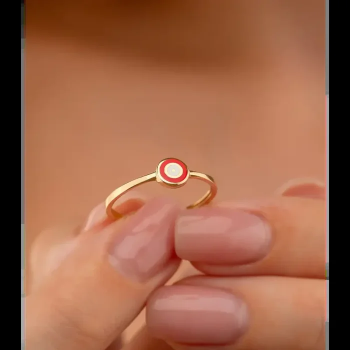 14K Solid Gold Circle Evil Eye Ring Red