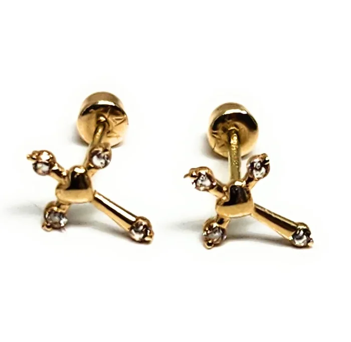 14k Solid Gold Cubic Zirconia SMALL DAINTY CROSS WITH HEART Stud Earrings (FCE 38) (MADE IN MX)