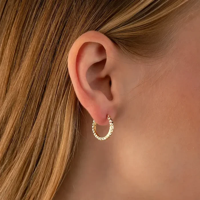 14K Solid Gold Diamond-Cut Huggie Hoop Earrings | 10.8mm & 13.5mm Hoops for Women