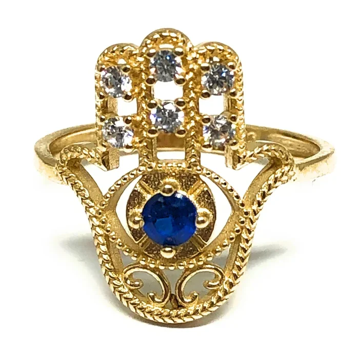 14k Solid Gold HAMSA HAND BLUE CZ Ring