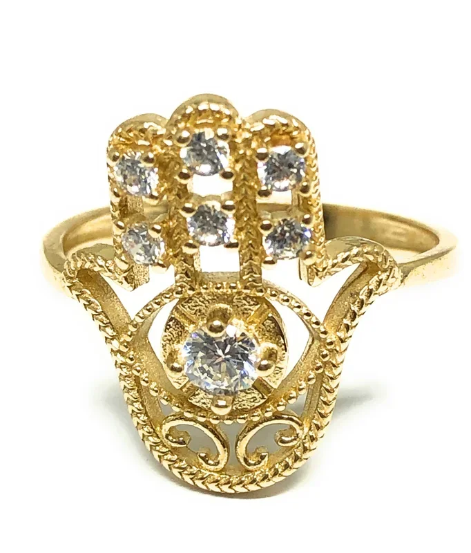 14k Solid Gold HAMSA HAND WHITE CZ Ring