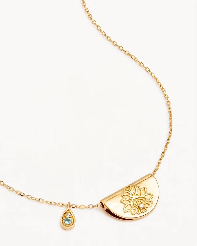 14k Solid Gold Lotus Birthstone Diamond Necklace – March – Aquamarine