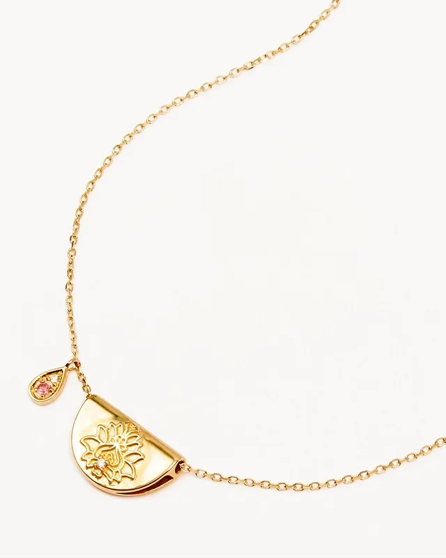 14k Solid Gold Lotus Birthstone Diamond Necklace – October – Pink Tourmaline