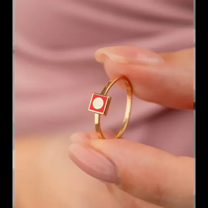 14K Solid Gold Square Dainty Evil Eye Ring Red