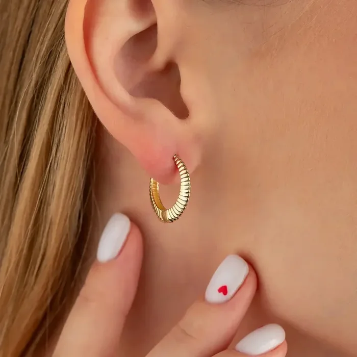14K Solid Gold Stripe Huggie Hoop Earrings | Side Ribbed Hoops for Women