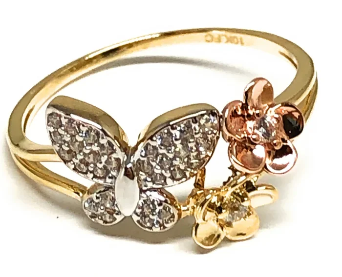 14k Solid Gold Tri-Color CZ Butterfly Ring (FC 200)