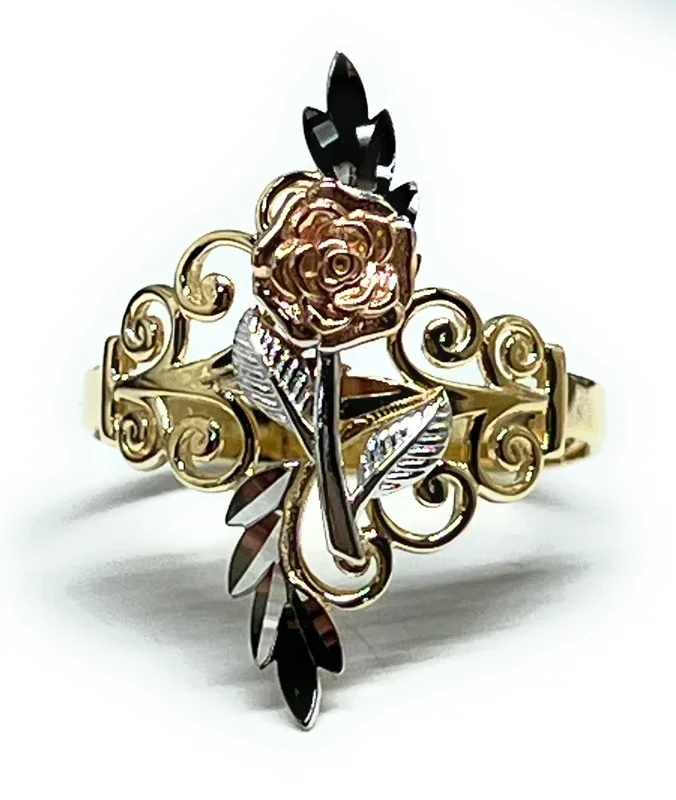 14k Solid Gold Tri-Color Flower Filigree Ring (FC 283)