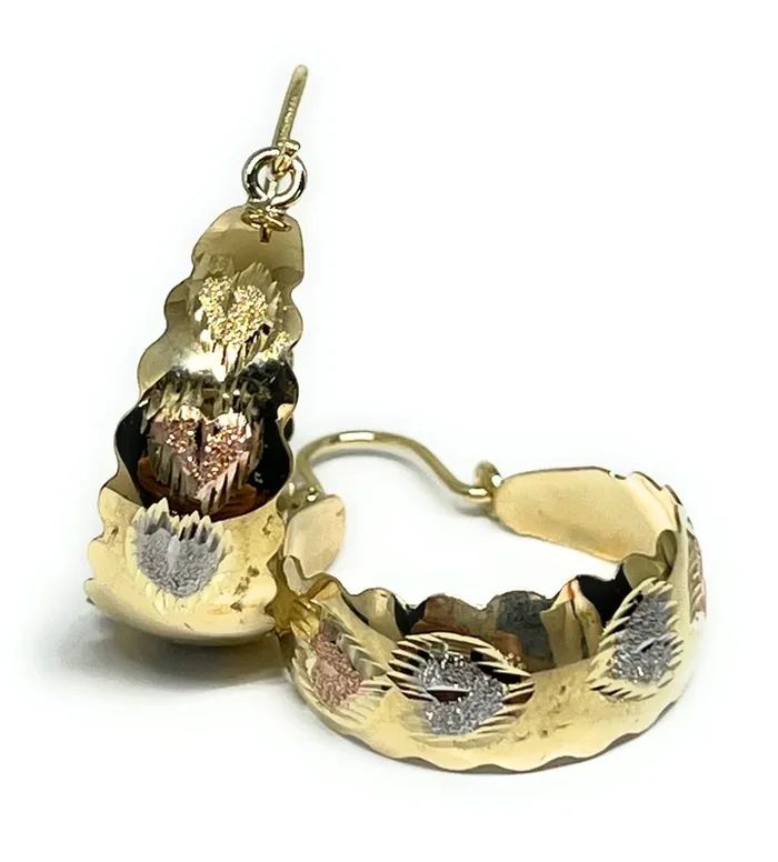 14k Solid Gold Tri-Color Heart Basket GROOVED Earrings Aracadas (SM,MED,LG)