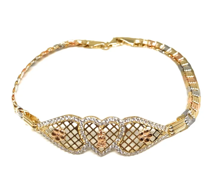 14k Solid Gold Tri-Color Heart Flower Virrgin Mary Brracelet Cubic Zirconia 7.5 inch Virrgen Guadalupe