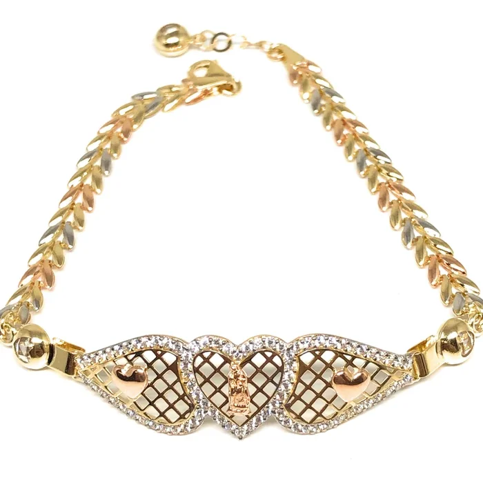 14k Solid Gold Tri-Color Heart Virrgin Mary Brracelet Cubic Zirconia 8 inch Virrgen Guadalupe