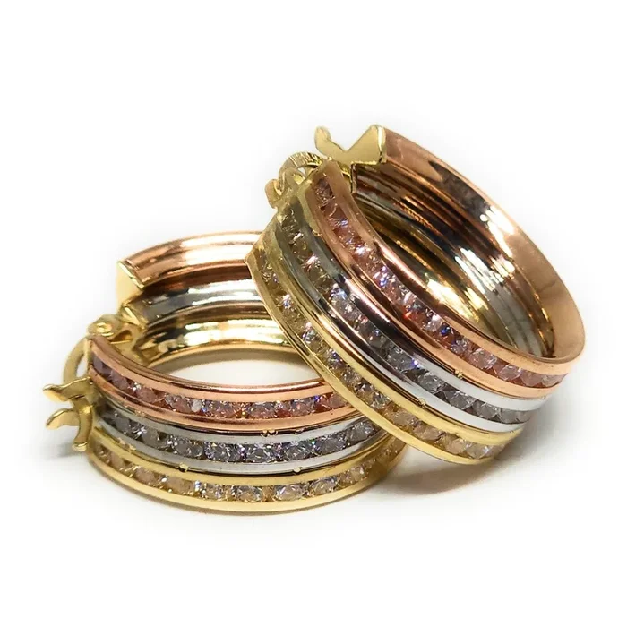 14k Solid Gold Tri-Color Triple Row Huggie CZ Earrings