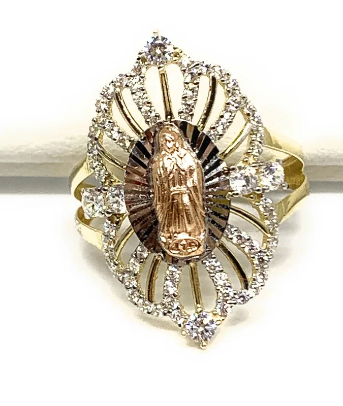 14k Solid Gold Tri-Color Virrgin Mary Filigran Cubic Zirconia Ring