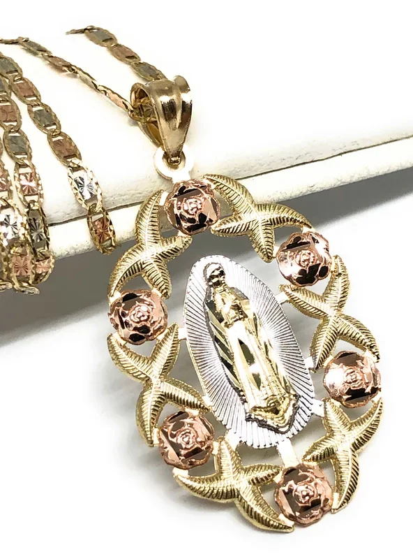 14k Solid Gold Tri-Color Virrgin Mary Flower Pendant Necklace Virrgen Gaudalupe Valentina Chain (MED,LG)