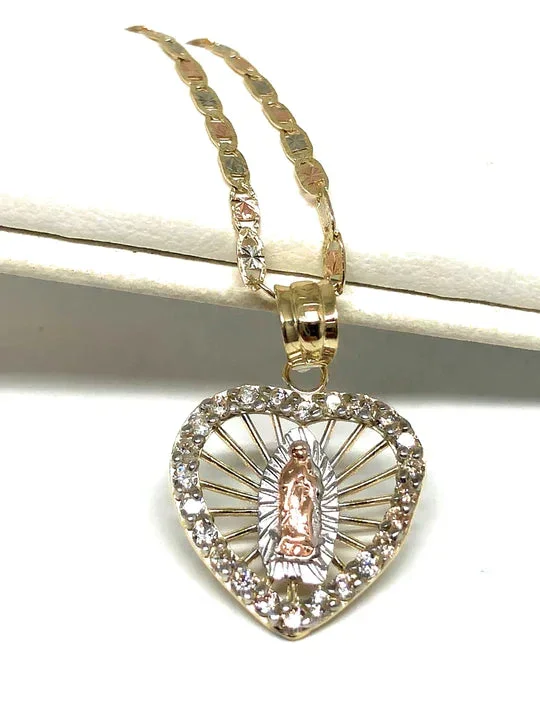 14k Solid Gold Tri-Color Virrgin Mary Heart CZ Pendant Virrgen Guadalupe Valentina Chain