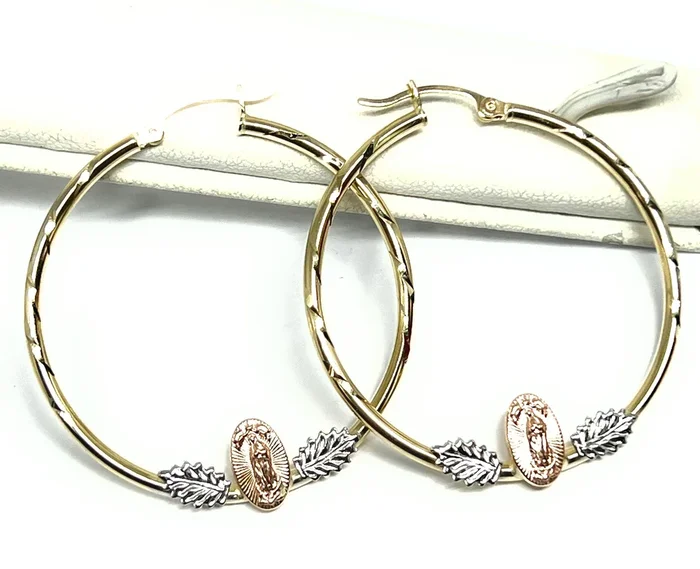 14k Solid Gold Tri-Color Virrgin Mary Hoop Earrings
