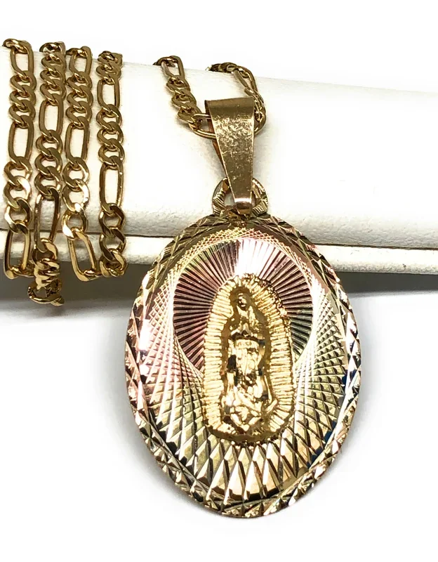 14k Solid Gold Tri-Color Virrgin Mary Oval Pendant Virrgen Guadalupe Figaro Chain (SM,MED,LG)