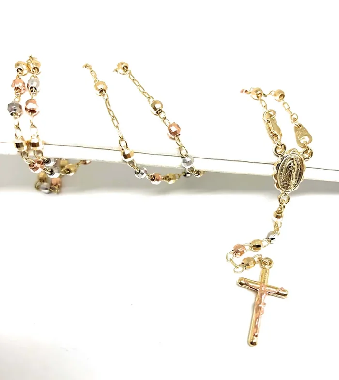 14k Solid Gold Tri-Color Virrgin Mary Rosarry Rosarrio 20″ 2.8mm