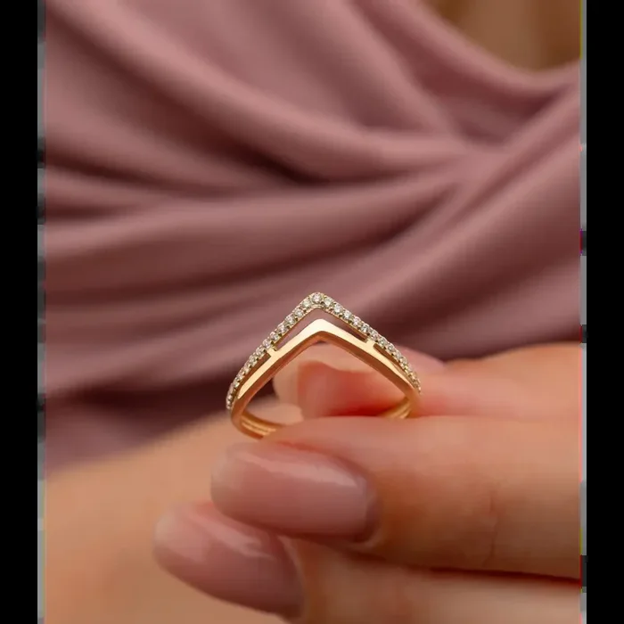 14K Solid Gold V Shaped CZ Chevron Ring