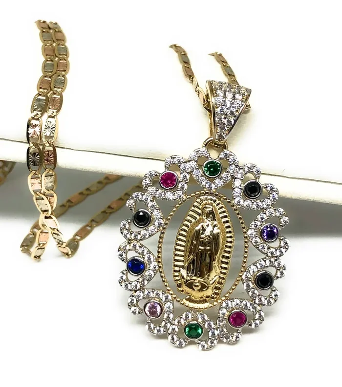 14k Solid Gold Virrgin Mary Colorful Fancy Elegant CZ Pendant Virrgen Guadalupe Valentina Chain