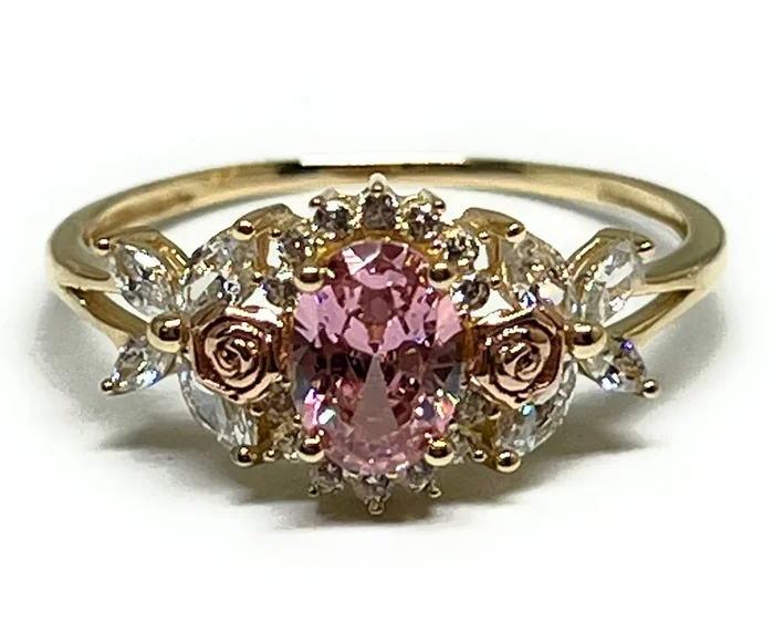 14k Solid Gold Yellow & Rose Gold PINK CZ Flower Ring (FC 294)