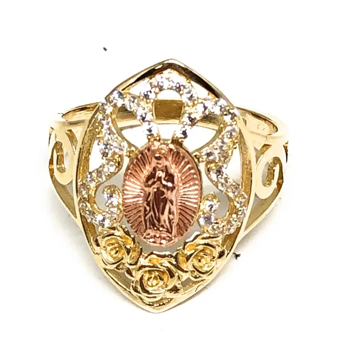 14k Solid Gold Yellow & Rose Gold Virrgin Mary CZ Flower Ring