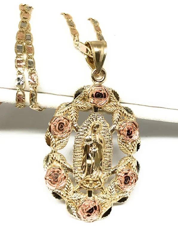 14k Solid Gold Yellow & Rose Gold Virrgin Mary Flower Pendant Necklace Virrgen Gaudalupe Valentina Chain (MED)