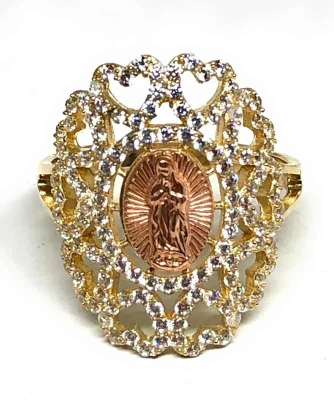 14k Solid Gold Yellow & Rose Gold Virrgin Mary Hearts CZ Ring