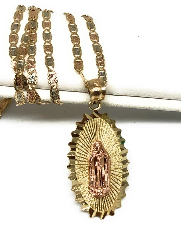 14k Solid Gold Yellow & Rose Virrgin Mary Pendant Virrgen Guadalupe Necklace