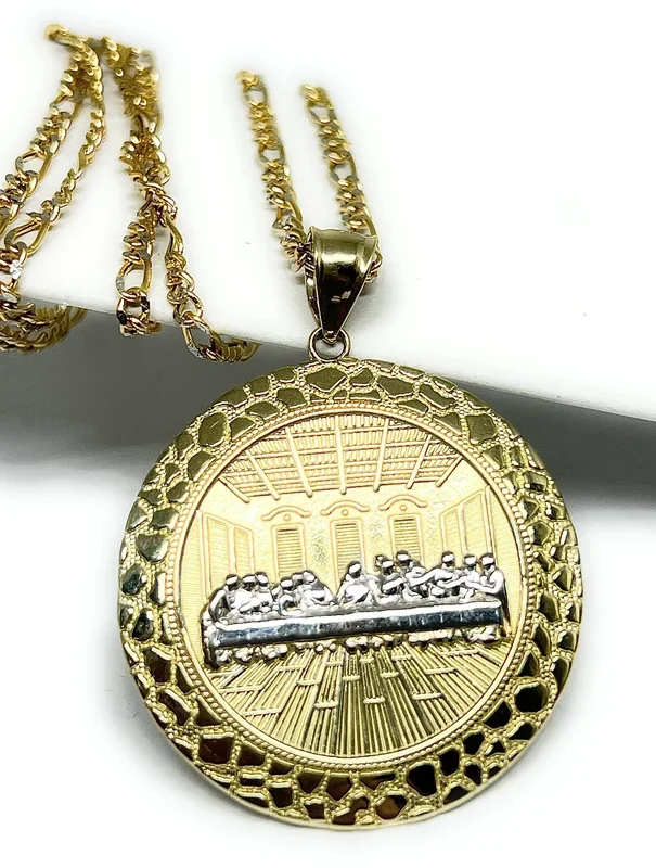 14k Solid Gold Yellow 2-Tone Jesus Last Supper CZ NUGGET BORDER Pendant Necklace (6.8g)