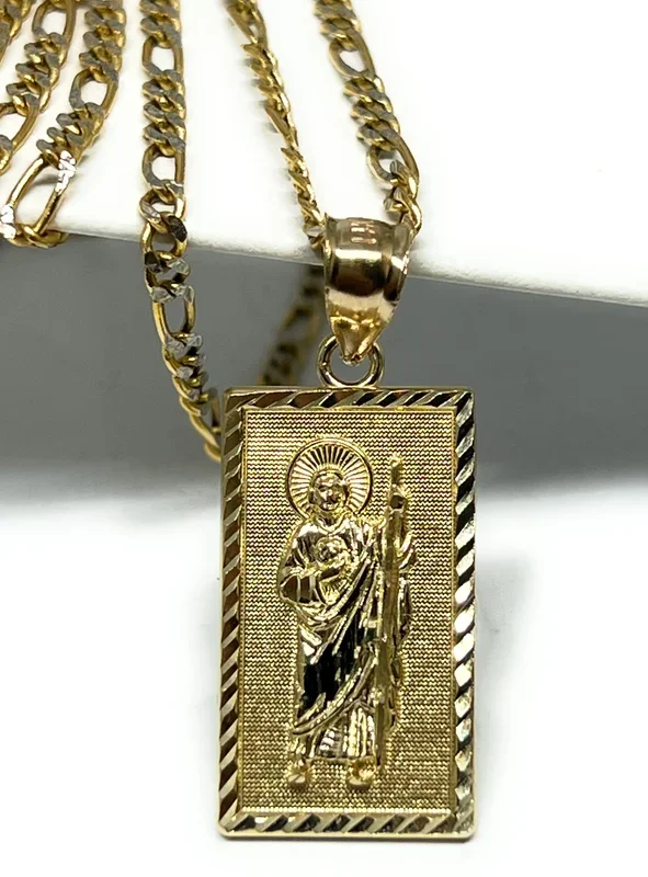 14k Solid Gold Yellow Classic Saan Judas Saaint Jude Square Pendant with Figaro Chain (SM, MED,LG)