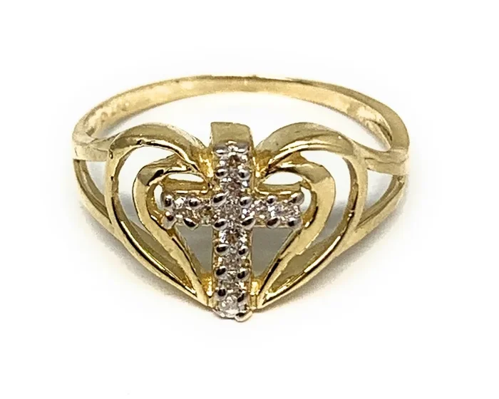 14k Solid Gold Yellow Cross Heart Ring