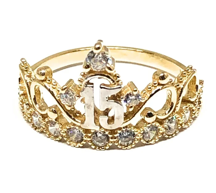 14k Solid Gold Yellow Crown CZ Mis 15 Años Ring