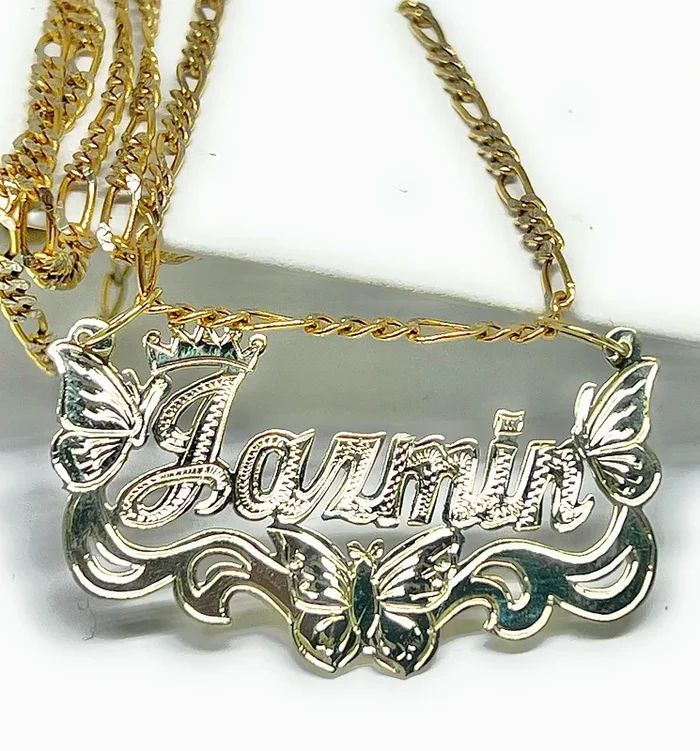 14k Solid Gold Yellow ENGRAVED Cursive BUTTERFLIES + CROWN Custom Nameplate Pendant Necklace