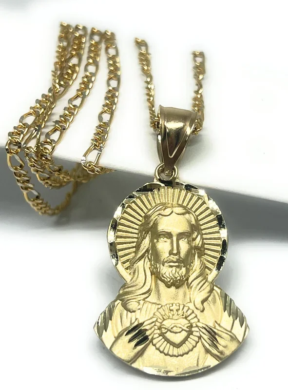 14k Solid Gold Yellow Gold Classic Jesus Sagrado Corazon Pendant Necklace (5.4g) (SM, LG)