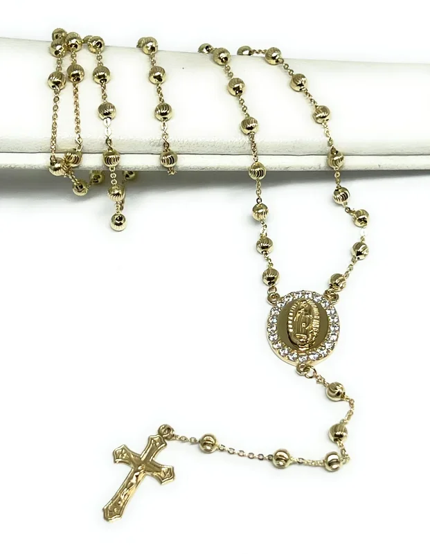 14k Solid Gold Yellow Virrgin Mary CZ Rosarry Rosarrio 20 inch Necklace 3mm (FC)