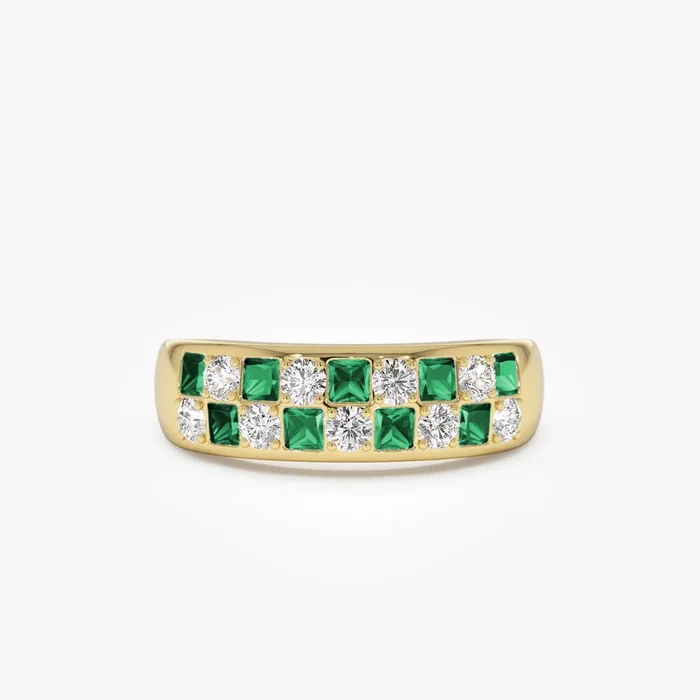 14K Square Emerald & Diamond Wedding Ring