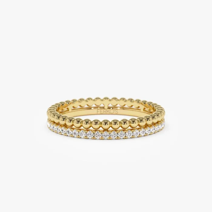 14K Stacked Beaded Ring with Diamond Ring