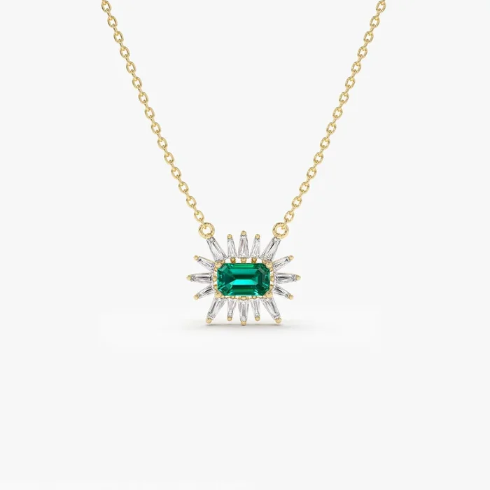 14k Tapered Baguette Diamond & Emerald Necklace
