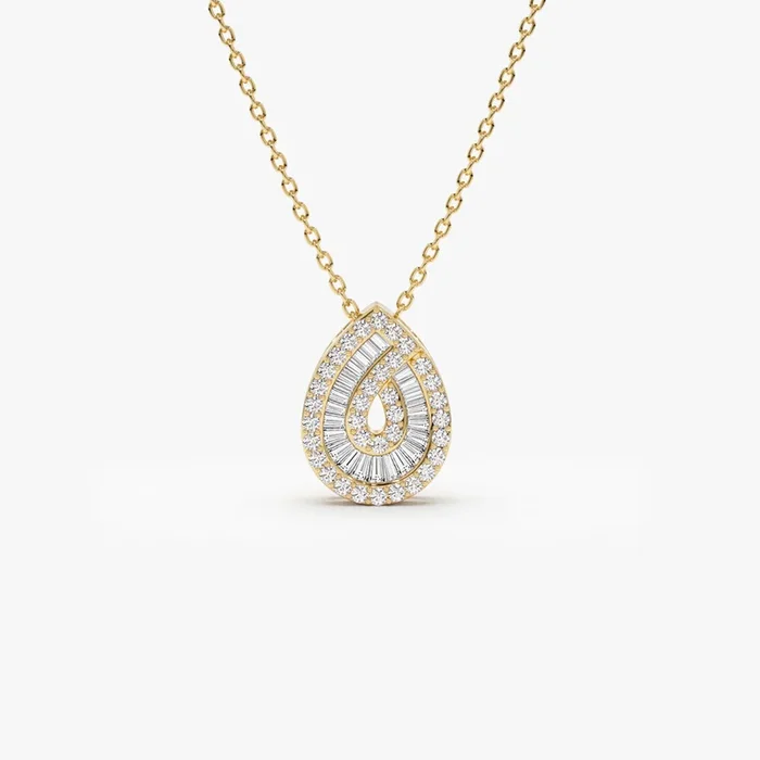 14k Teardrop Shape Baguette and Round Diamond Statement Necklace