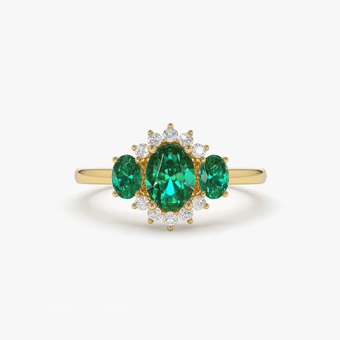 14k Three Stone Emerald Cluster Ring