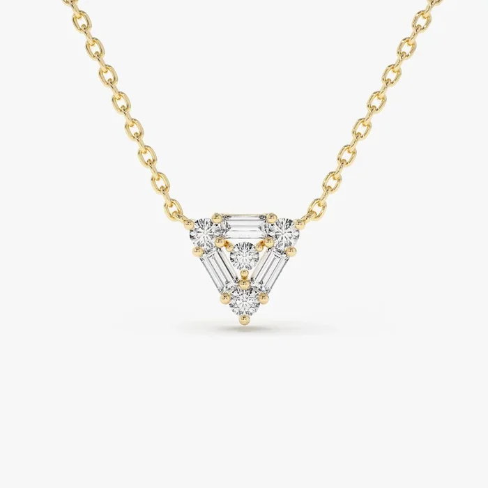 14k Triangle Shaped Round and Baguette Diamond Necklace