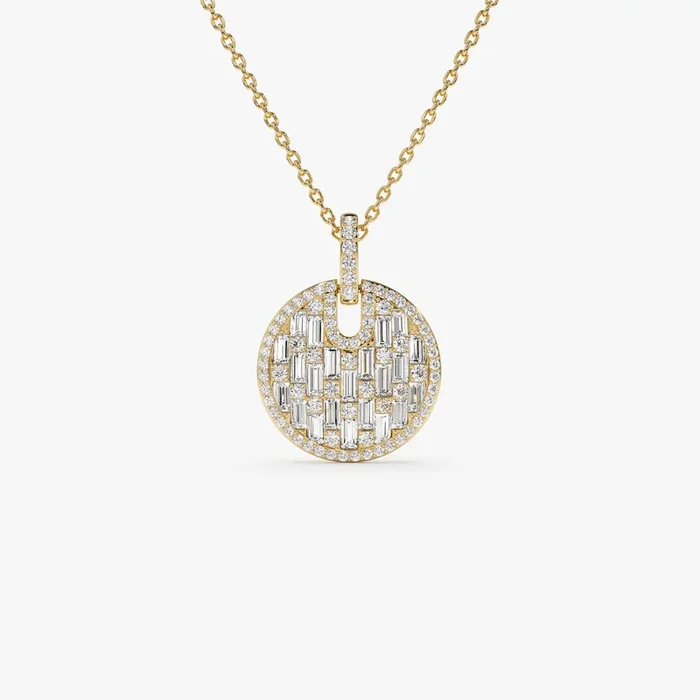 14k Unique Baguette and Round Diamond Disc Necklace