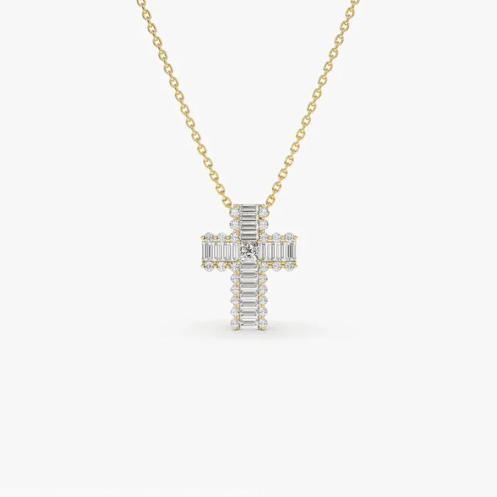 14k Unique Cross with Baguettes and Round Diamonds