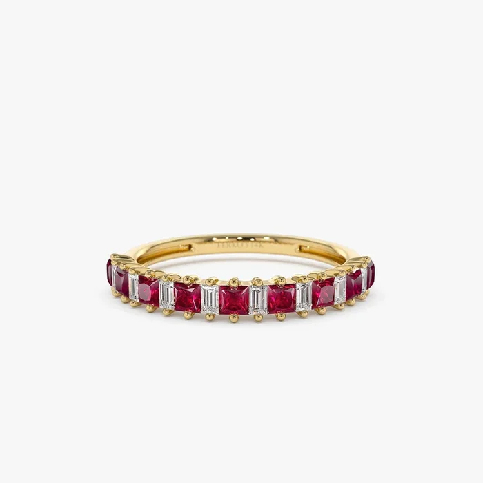 14k Unique Princess Cut Ruby and Baguette Diamond Ring