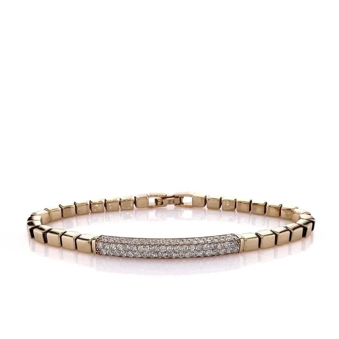 14k Yellow Gold 3 Sided Pave Diamond Bar on Box Link Chain Bracelet