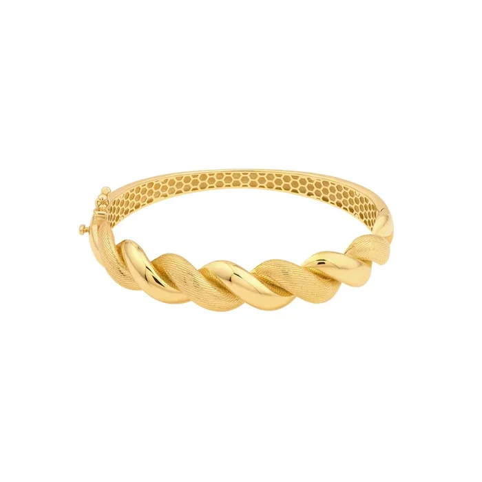 14K Yellow Gold Textured & Polished Twisted Bangle